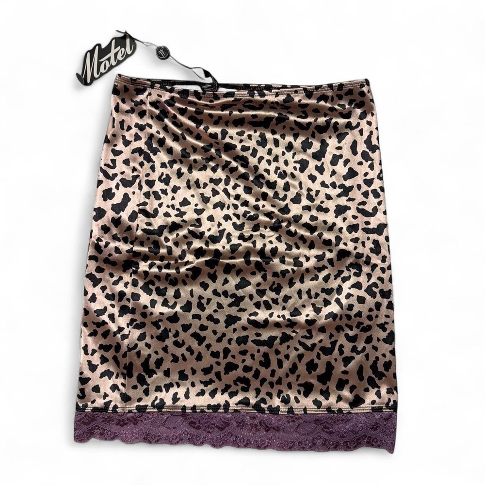 NWT Motel Satin Leopard Print Lace Mini Skirt Tan Purple Small